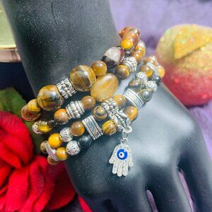 One-Of-A-Kind Evil Eye Charm, Tiger's Eye, Agate & Pewter Bead Bracelet Set